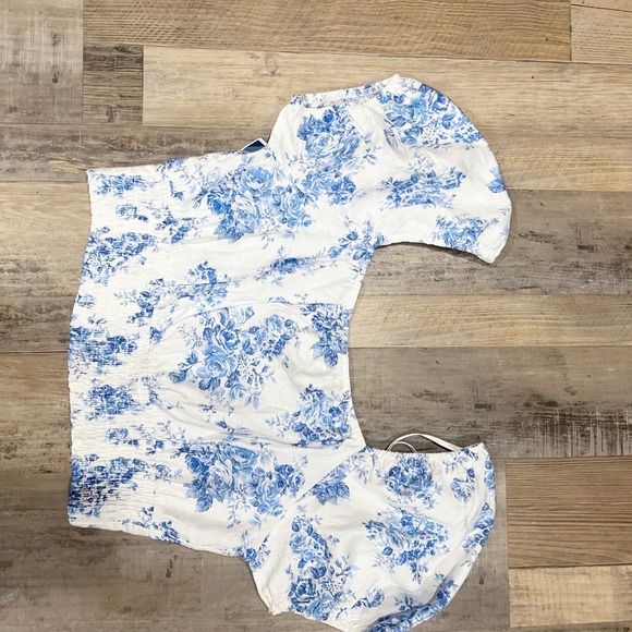 Monteau Los Angeles Blue Floral Toile Puff Sleeve Crop Top XL Sweetheart Lace - Picture 5 of 8